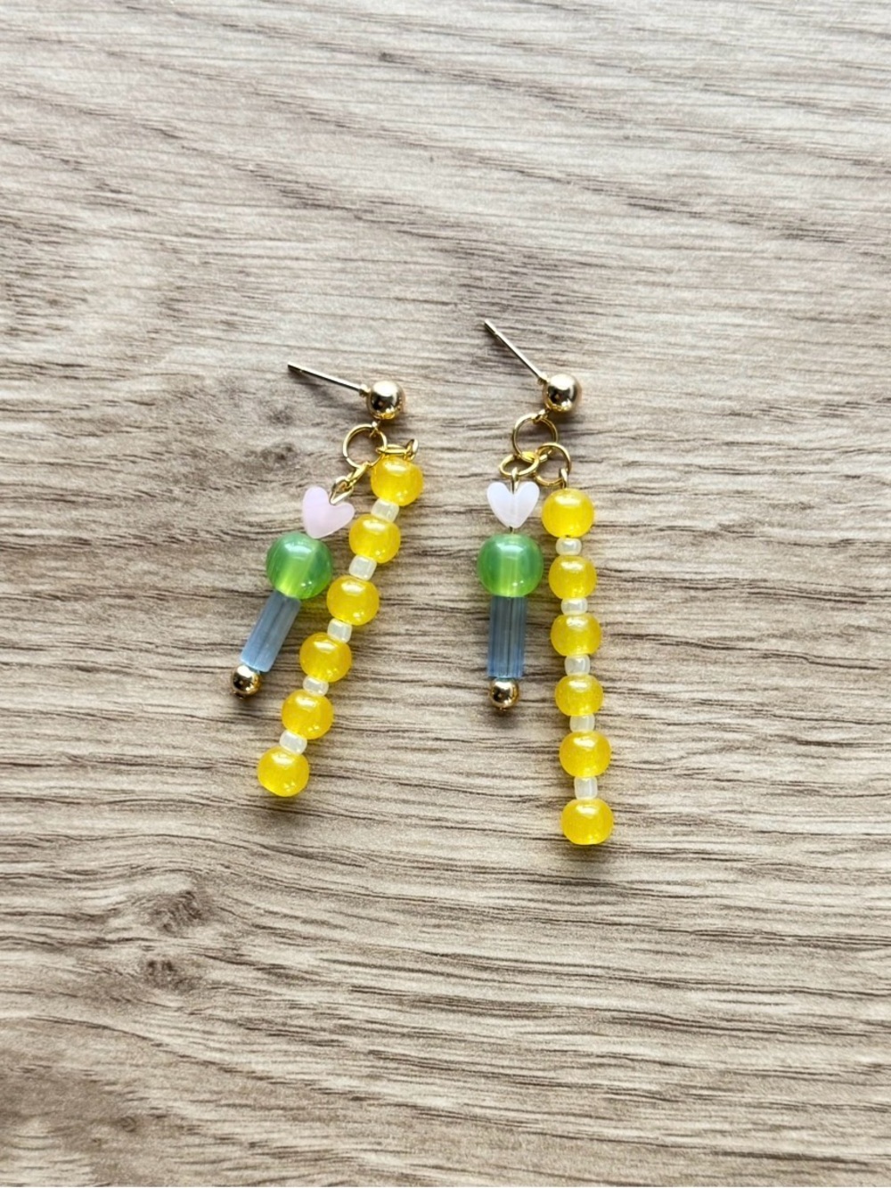 Hand Crafted Yellow, Green & Pink Beaded Drop Earrings